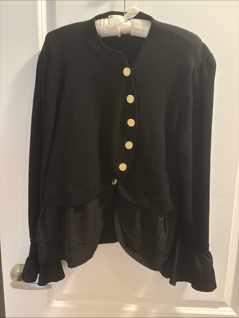 INC International Concepts Black Layered Ruffle Cardigan with Gold Buttons